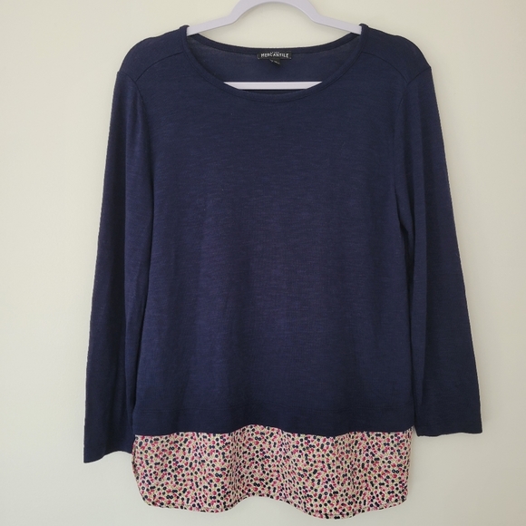 J.Crew‎ Mercantile Mixed-Media Basic Cottagecore Navy Blouse Top M - Picture 1 of 8